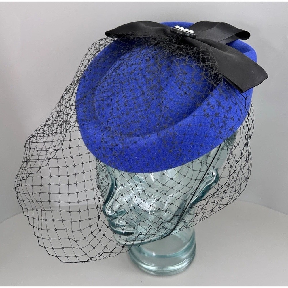 Vintage Geo Bollman Hat Doeskin Felt 100% Wool Blue W/ Black Bow & Birdcage Veil